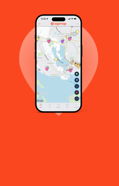 A phone displaying the Zapmap app, showing a map of nearby EV chargers