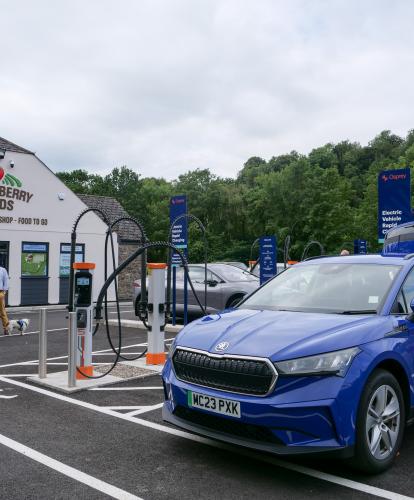 Blue Skoda EV charging at Salmons Leap hub