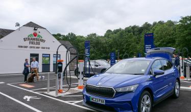 Blue Skoda EV charging at Salmons Leap hub